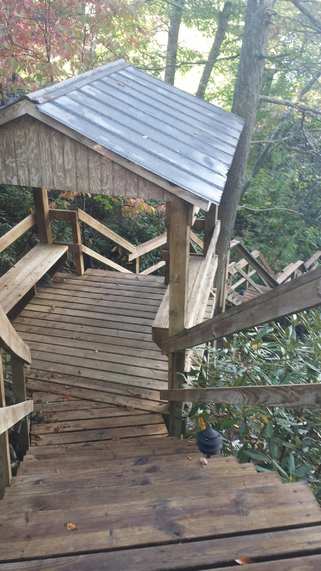 Metal roofed shelter over wooden steps on a wooded walkway — Skylight Repair & Installation work by our crew in Thomson